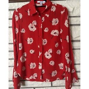Derek Lam 10 Crosby 100%Silk Red Floral Print Long Sleeve Blouse Sz 2 BOHO Chic
